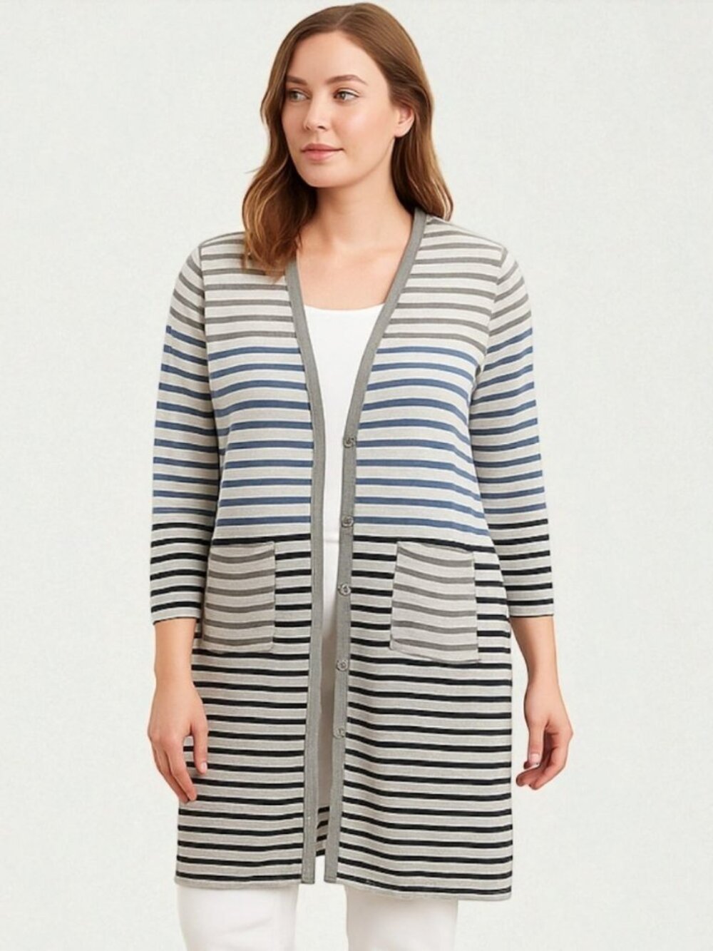 Chico’s Zenergy Women’s Striped Long Cardigan Sweater Blue Black Size 2 (L/12)